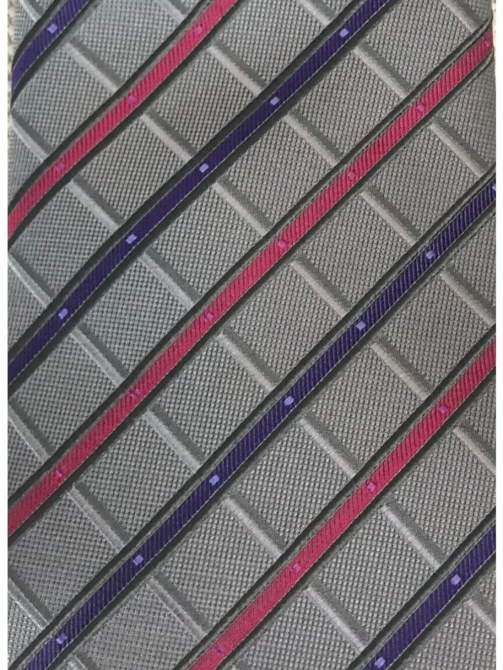 Daniel De Fasson Neck Tie Gray w Purple Pink Stripes 3.75 in W 55 in L NEW w Tag